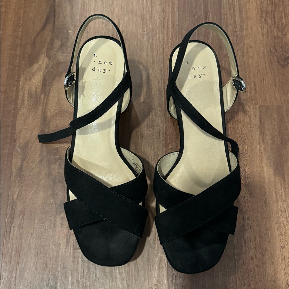 A New Day Black suede sandals with a block heel and adjustable straps. Size 6.5